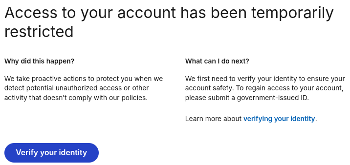 LinkedIn's page telling me "Access to your account has been temporarily restricted" and instructing me to upload a government-issued ID.